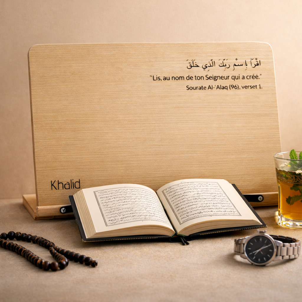 Support de Coran personnalisé – Verset Iqra gravé – Cadeau spirituel islamique