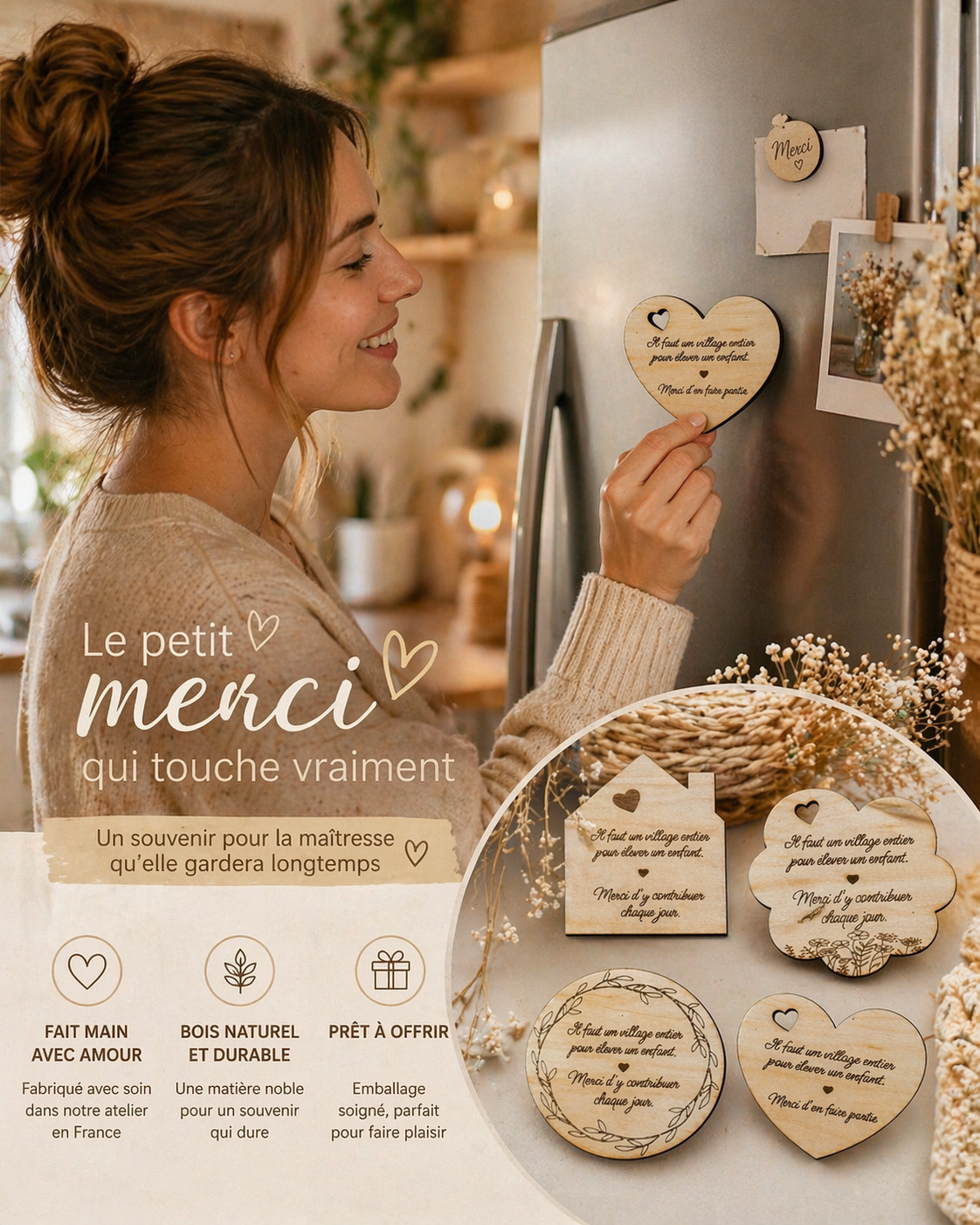 Magnet en bois gravé – Cadeau maîtresse personnalisé | Merci de contribuer chaque jour