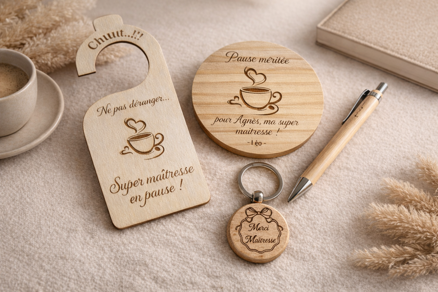 Cadeau Maîtresse Personnalisé en Bois - un coffret pour faire une pause