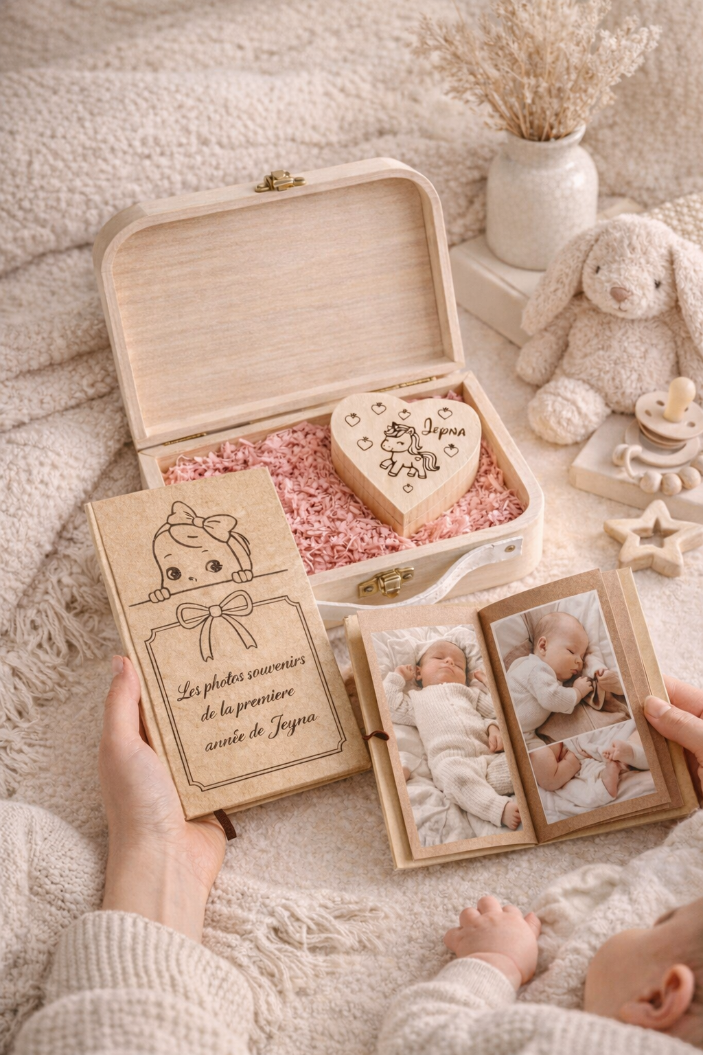 Boîte à souvenirs bébé personnalisée – Coffret naissance avec album photo + cadeau offert