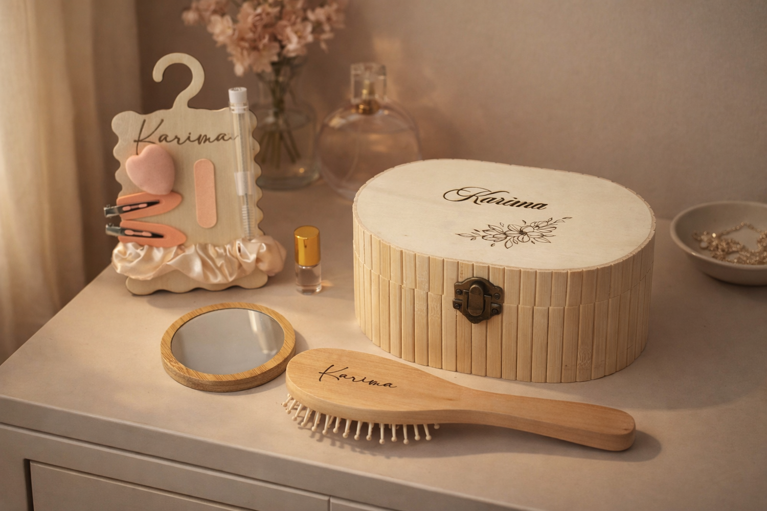 Coffret Beauté Personnalisé Femme – Brosse & Miroir Gravés – Idée Cadeau maitresse, Anniversaire, Eid…