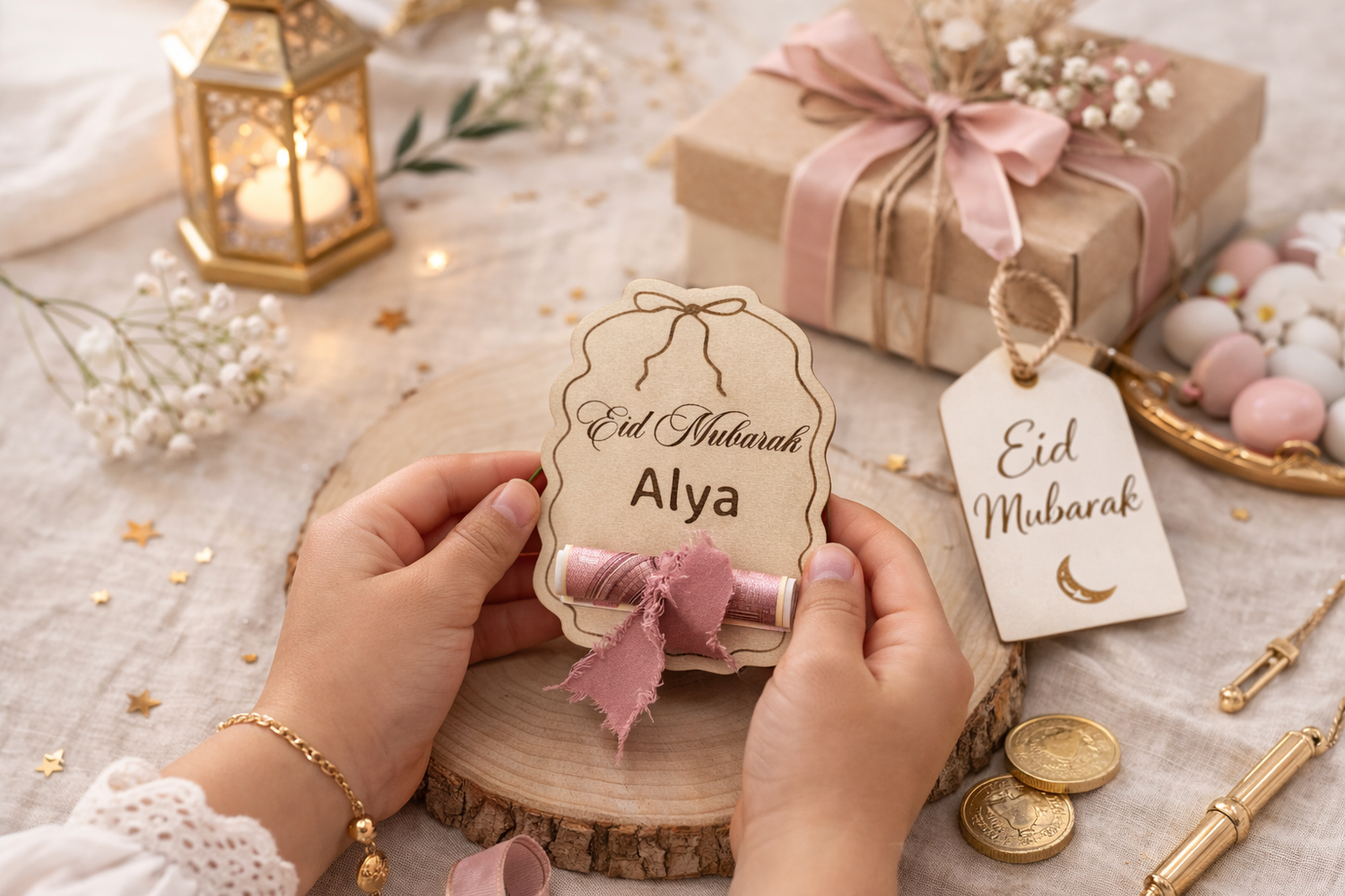 Carte porte billet, personnalisée en bois – Eid Mubarak