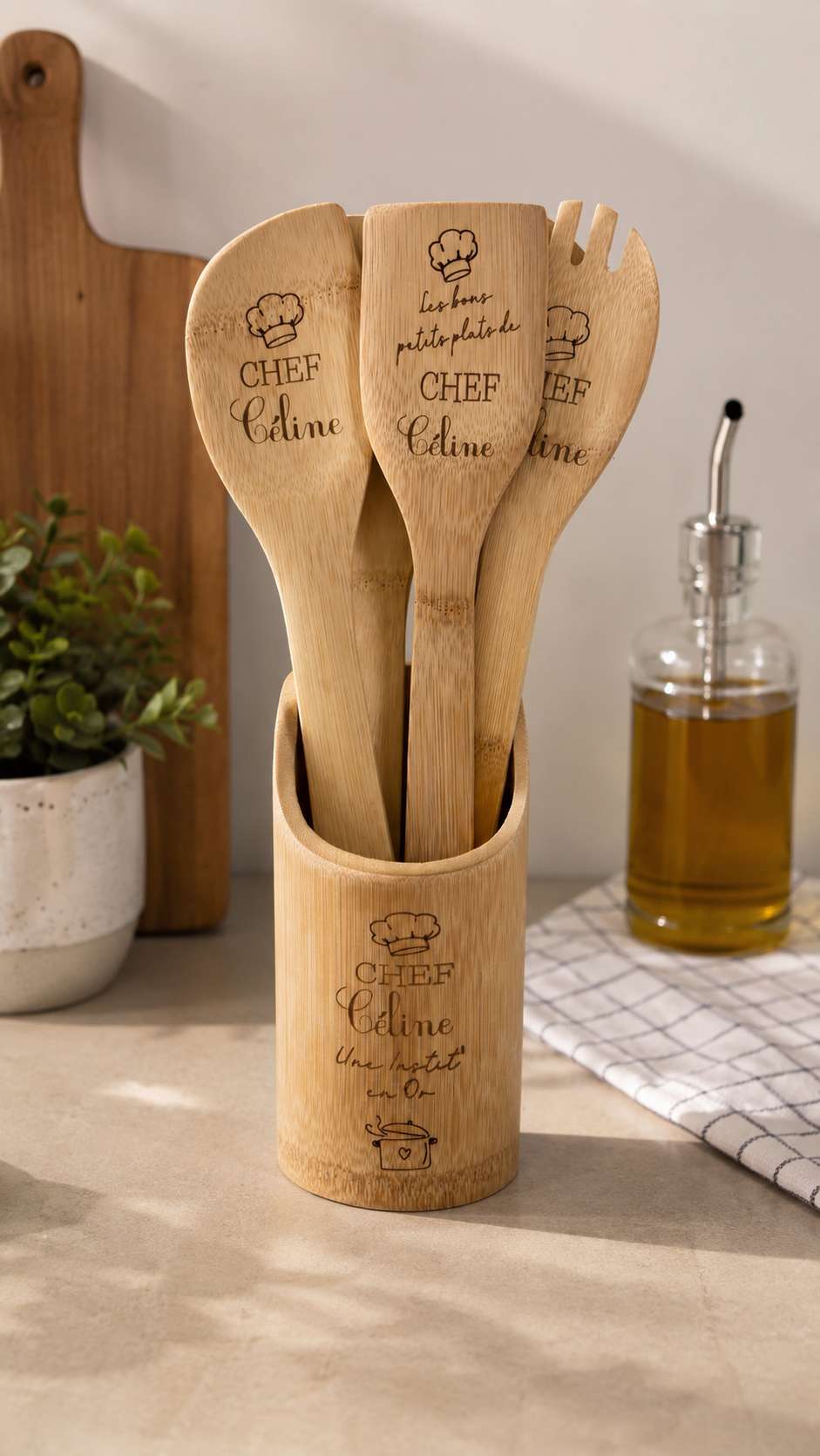 Set d’ustensiles en bois personnalisés – Chef [Prénom] à offrir pour toutes occasions : cadeaux maîtresses, fête des mères, fête de l’Aïd…